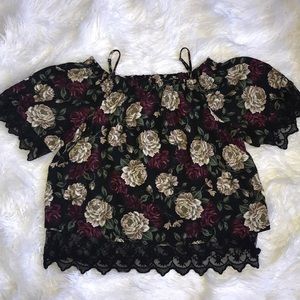 Iz Byer Black Floral Blouse with Lace Trim